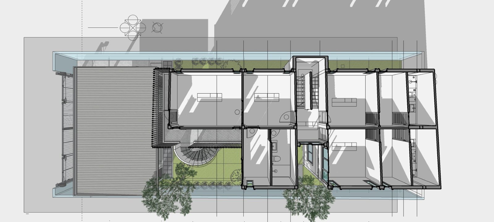 ผังมุมบนของบ้านมินิมอล เห็นคอร์ต บันไดวน คาร์พอร์ต และการจัดสวน